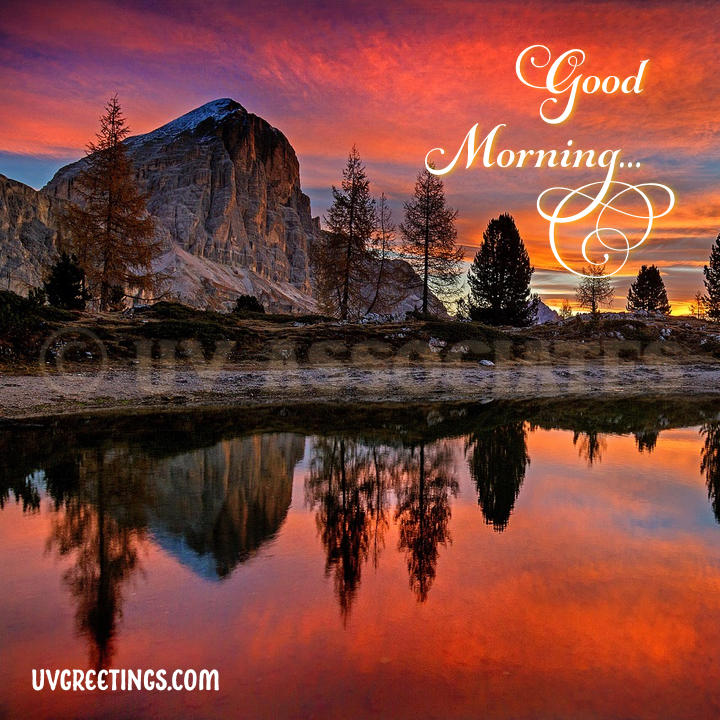 Good Morning Image with Dolomites Mountains and Script with Swirls
