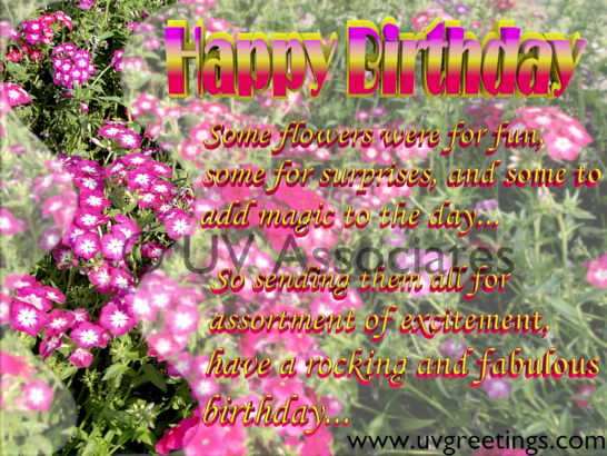 Ecard Multiple Pink Bright Flowers - short poem to wish Happy Birthday