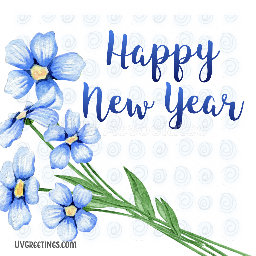 Happy New Year - ecard with a blue flower bunch and a soft floral background.