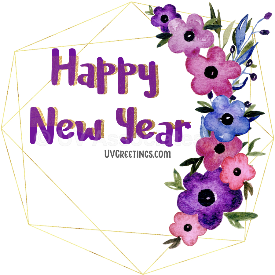 Happy New Year in a playful Violet Script, mutlicolor floral arrangement. 