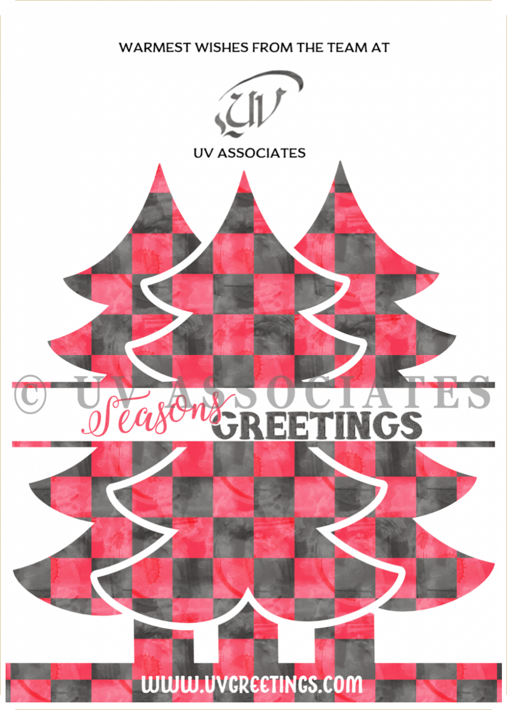 Season's Greetings with Watercolor Red Black Checker Pattern Buffalo Plaid Watercolor Pattern Red Black Christmas Tree Split