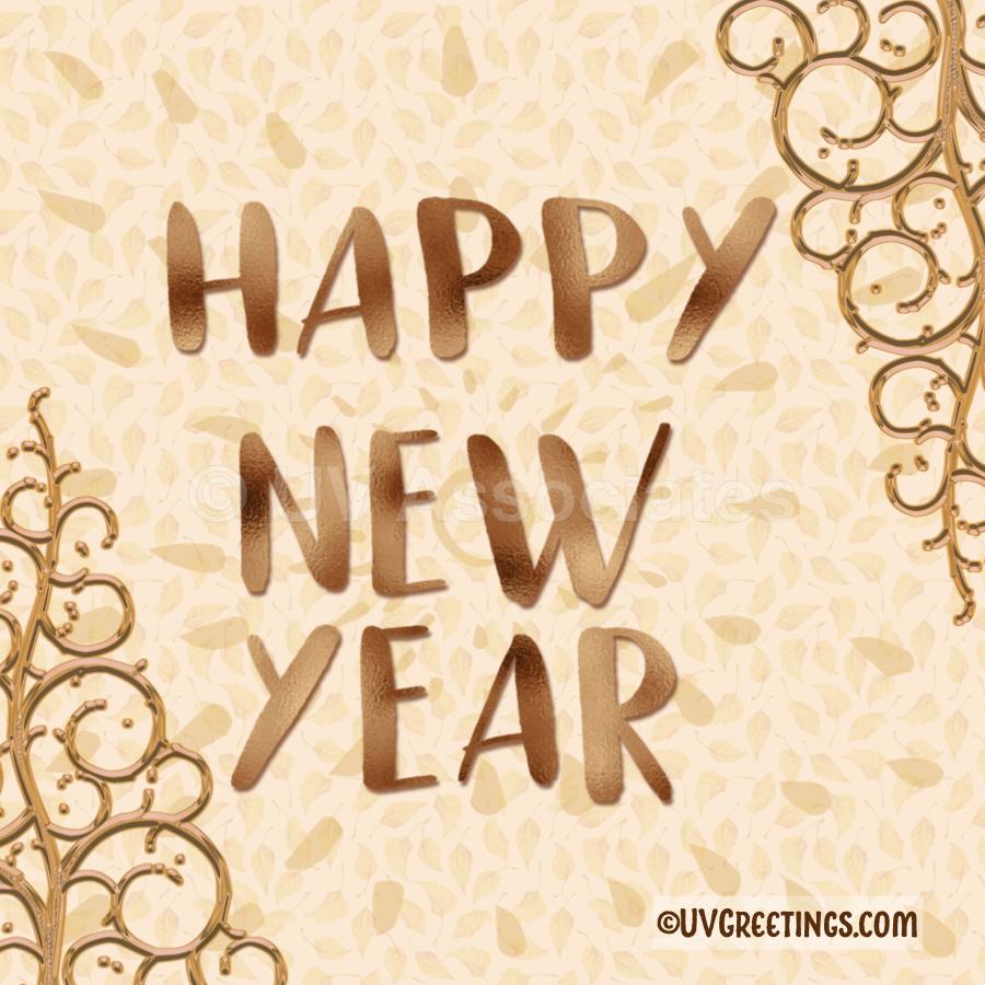 A golden Happy New Year wish -- Gold Letters, And gold ornaments in corners. 