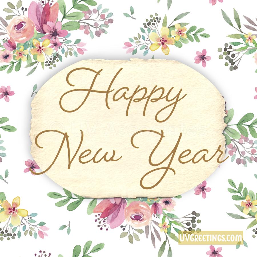 Happy New Year - tiny flowers in pink and yellow, with new year script
