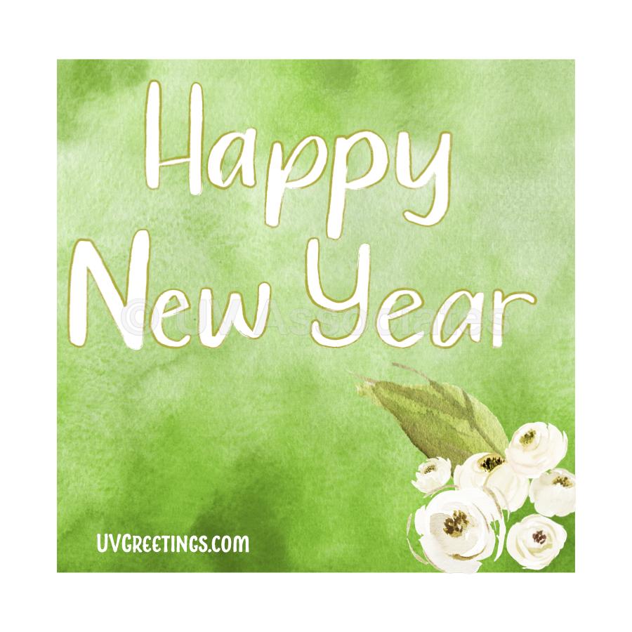 Green Watercolor Background, white script & Floral Bunch - Happy New Year!