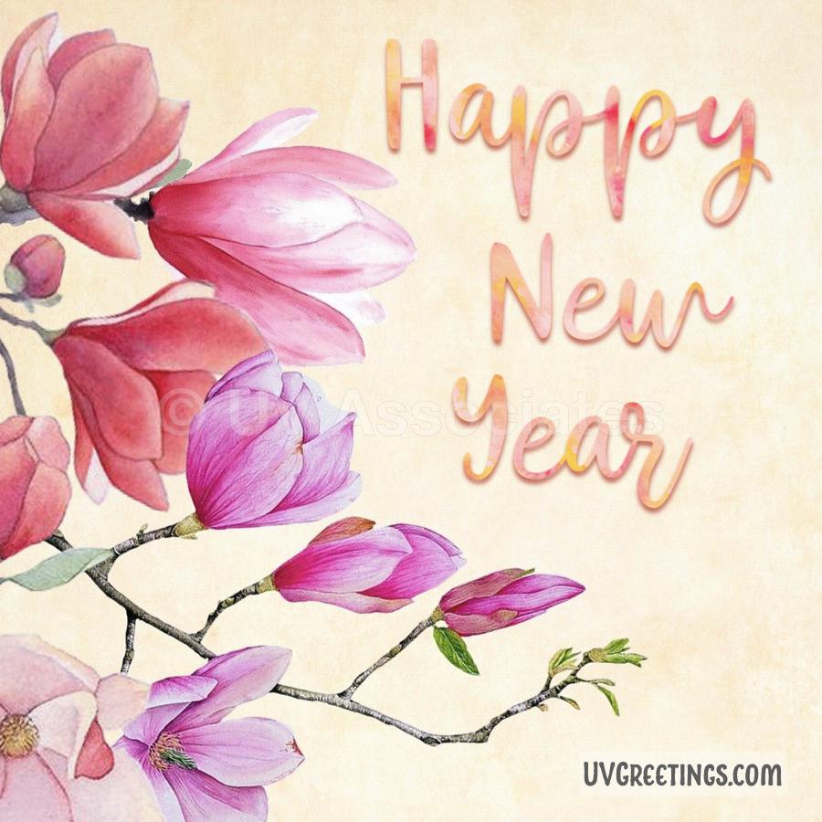 Watercolor Floral arrangement in pink and red, beautiful happy new year script 