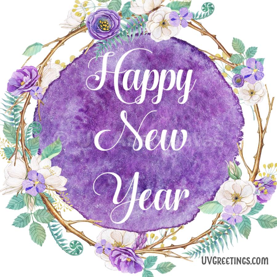 Purple Floral Wreath with White  Happy New Year script